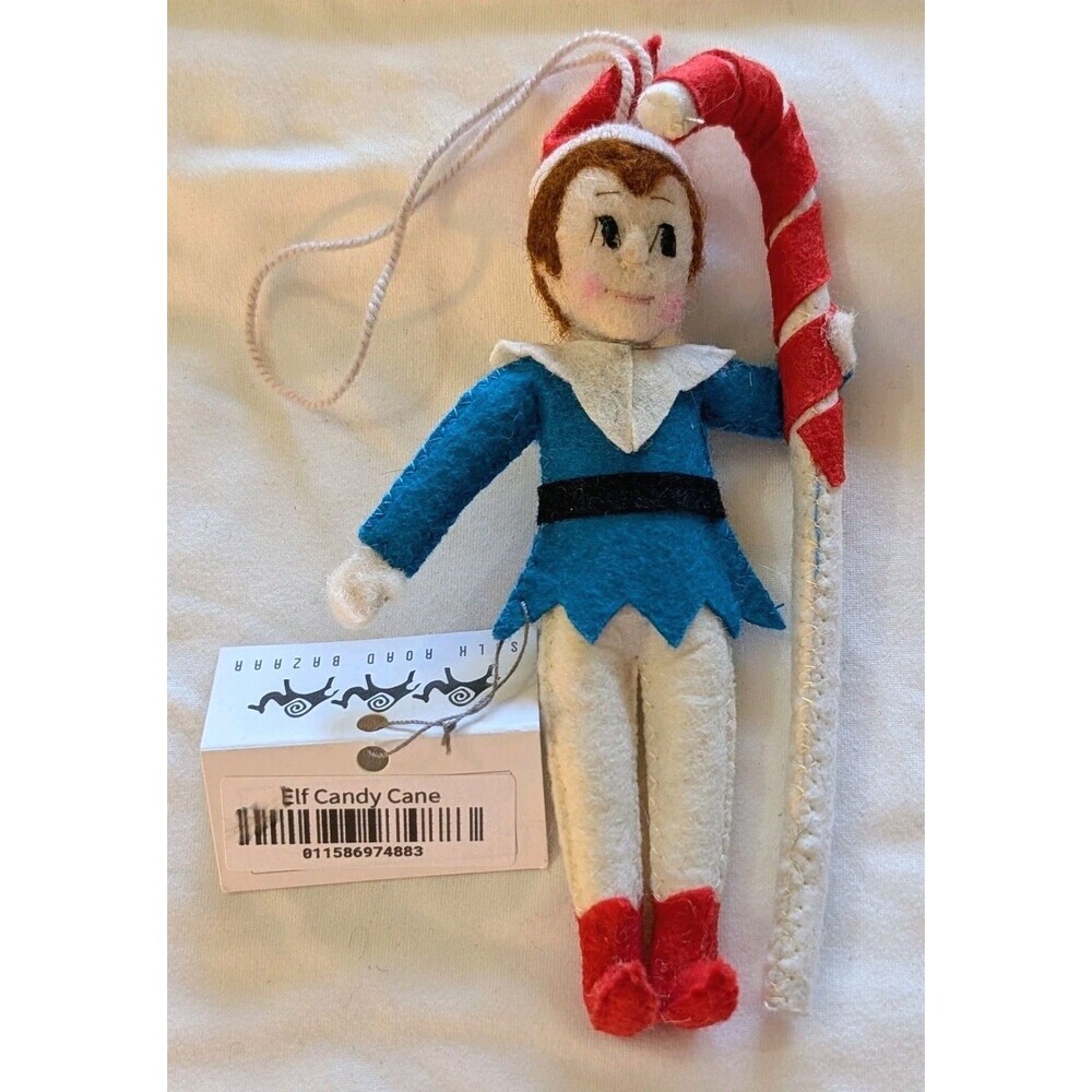 Silk Road Bazaar Blue Elf Candy Cane Felt Christmas Ornament Holiday Doll NWT